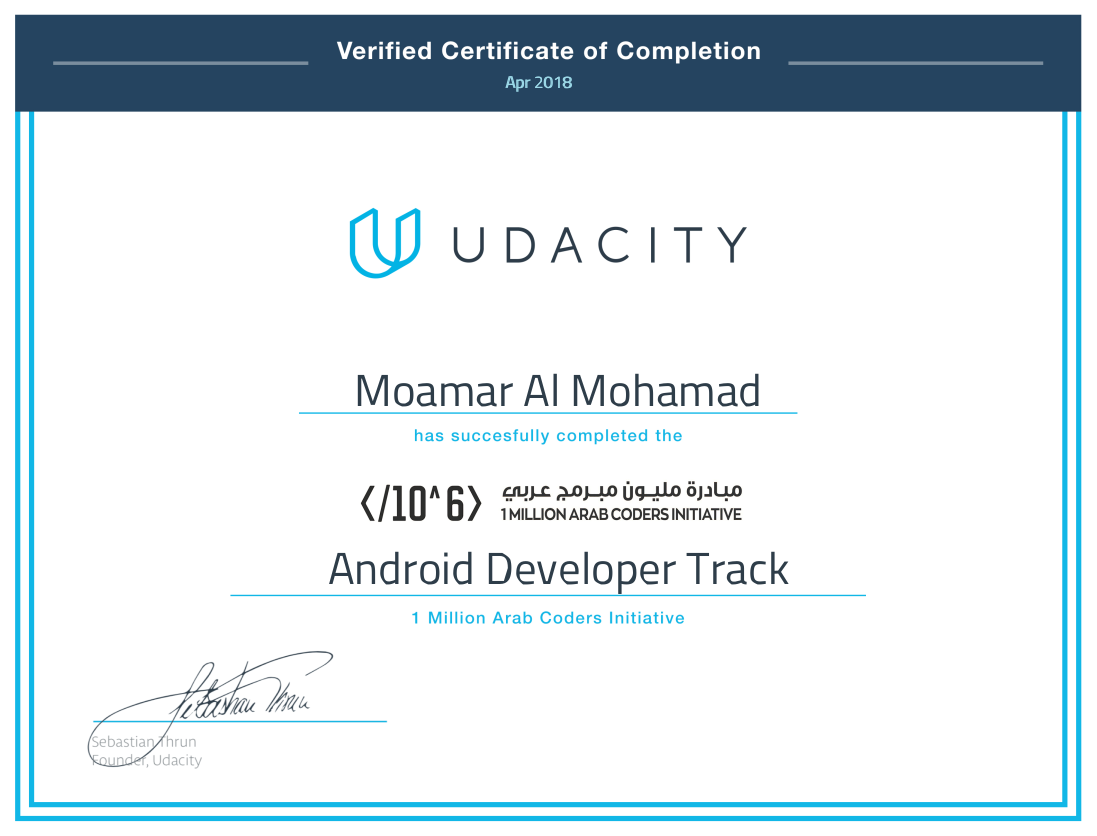 Muamar's certificate of Udacity of OMAC